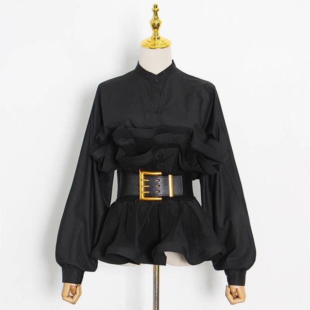 Spring Ruffle Belted Top with Stand Collar - Picture 9 of 14